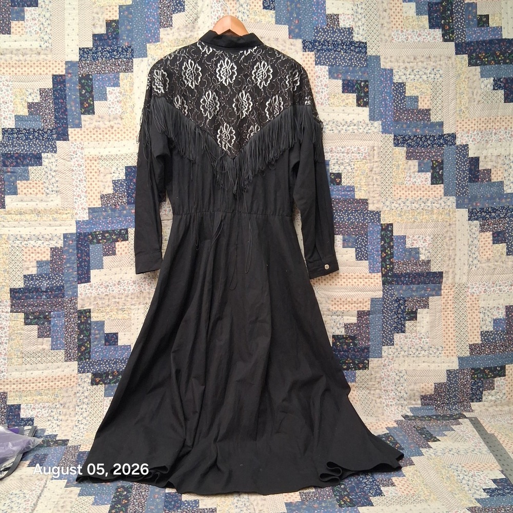 Vintage 80s Lilia Smith Dress Womens Large Black Lace Fringe Western Rodeo Maxi - Picture 4 of 12